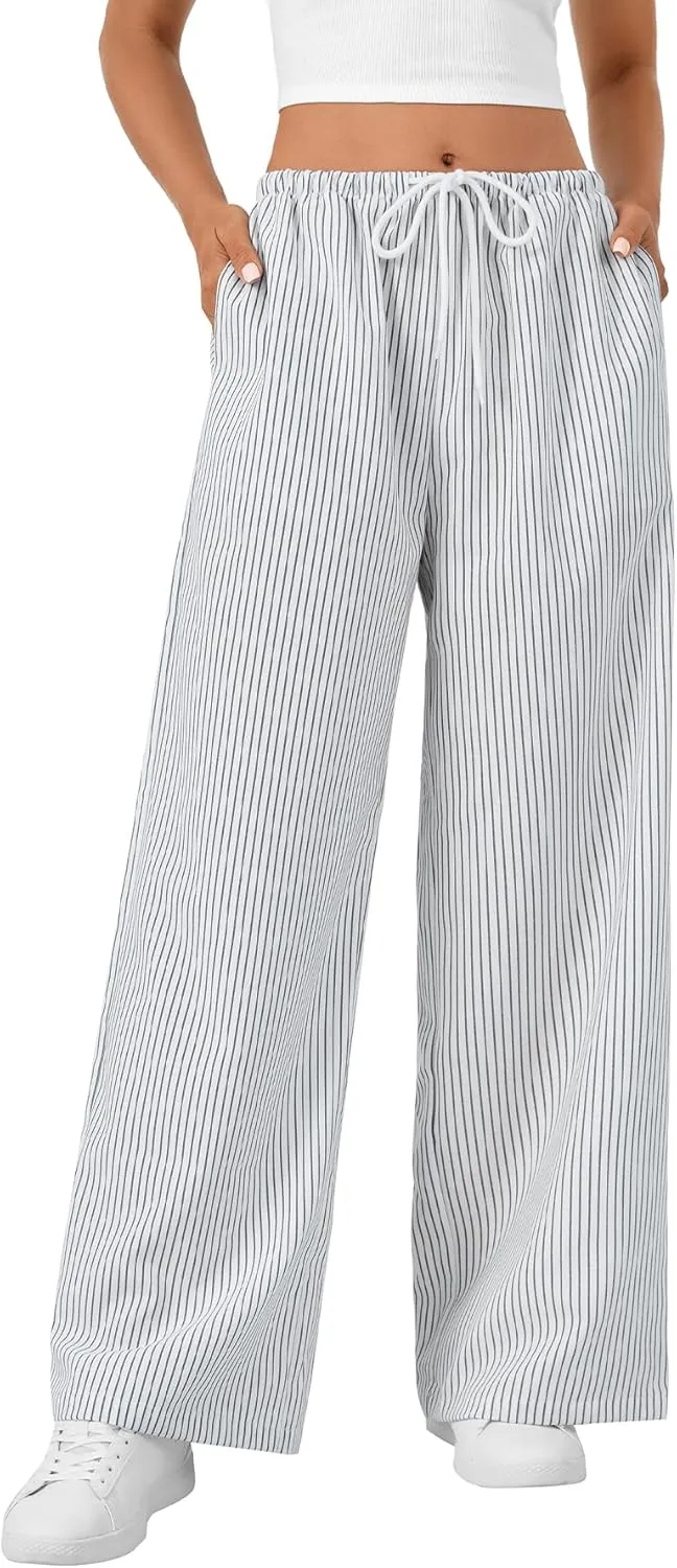 LYANER Women's Wide Leg Striped Pants Casual Drawstring Elastic Low Rise Pajama Pants Lounge Wear Trousers