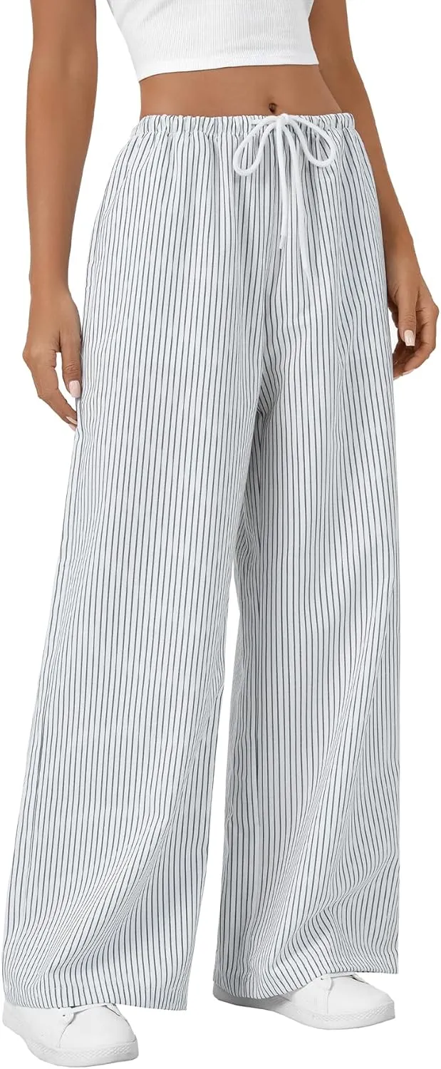LYANER Women's Wide Leg Striped Pants Casual Drawstring Elastic Low Rise Pajama Pants Lounge Wear Trousers