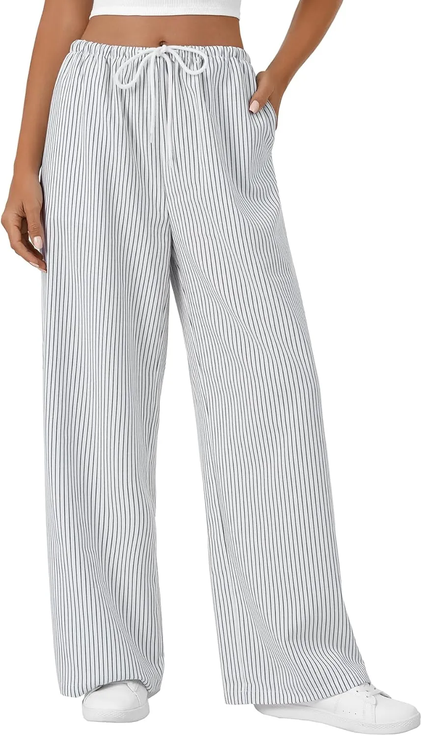 LYANER Women's Wide Leg Striped Pants Casual Drawstring Elastic Low Rise Pajama Pants Lounge Wear Trousers