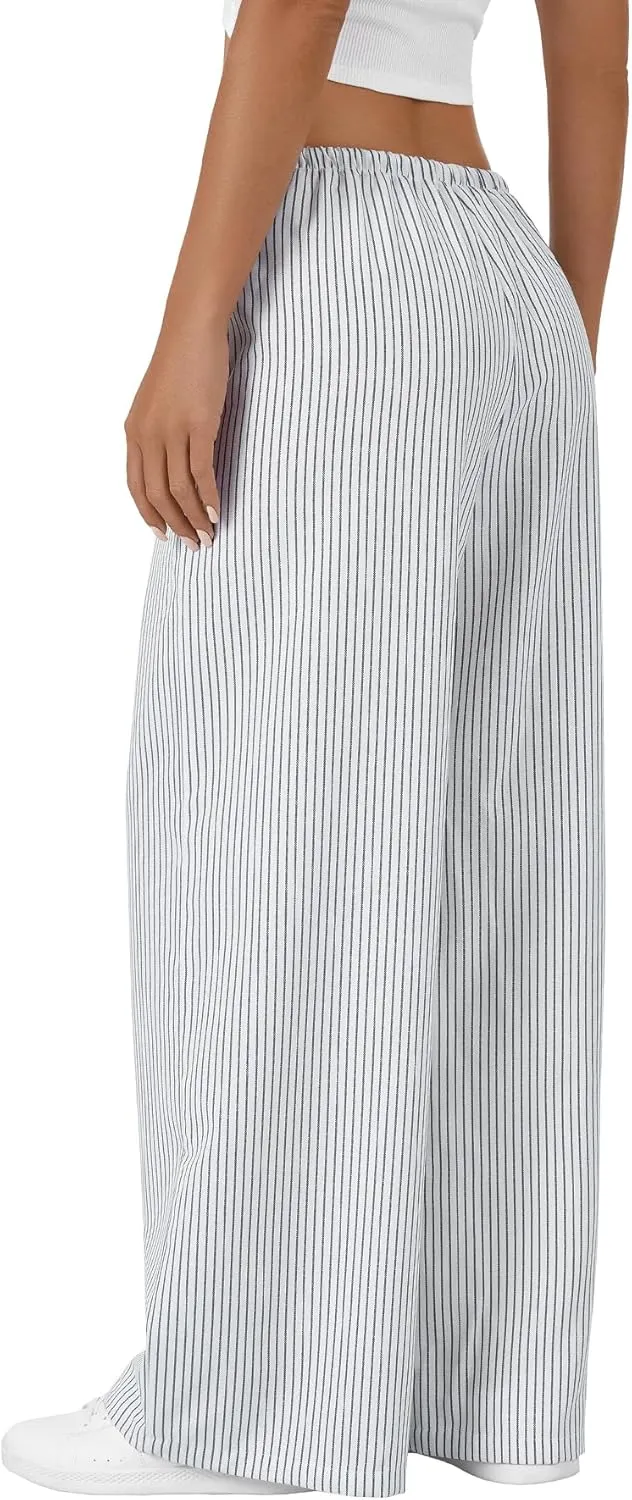 LYANER Women's Wide Leg Striped Pants Casual Drawstring Elastic Low Rise Pajama Pants Lounge Wear Trousers