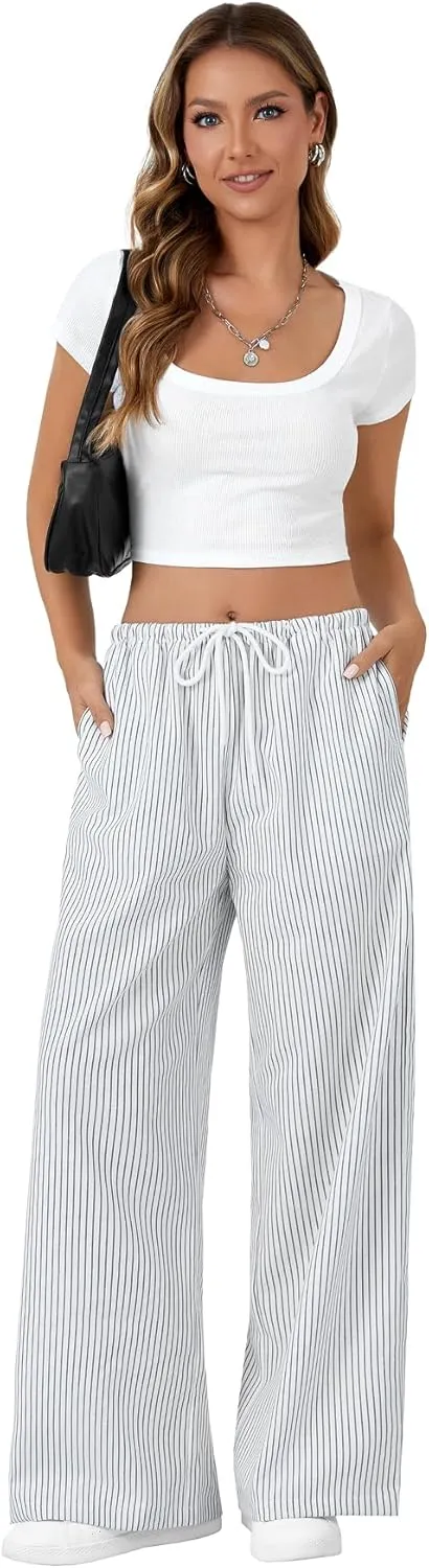 LYANER Women's Wide Leg Striped Pants Casual Drawstring Elastic Low Rise Pajama Pants Lounge Wear Trousers