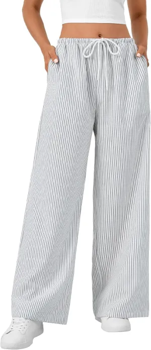LYANER Women's Wide Leg Striped Pants Casual Drawstring Elastic Low Rise Pajama Pants Lounge Wear Trousers