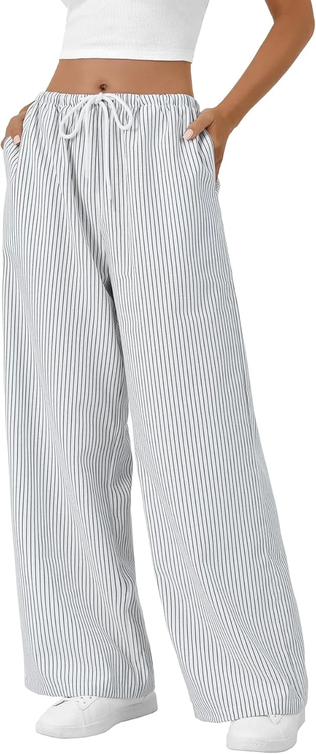 LYANER Women's Wide Leg Striped Pants Casual Drawstring Elastic Low Rise Pajama Pants Lounge Wear Trousers