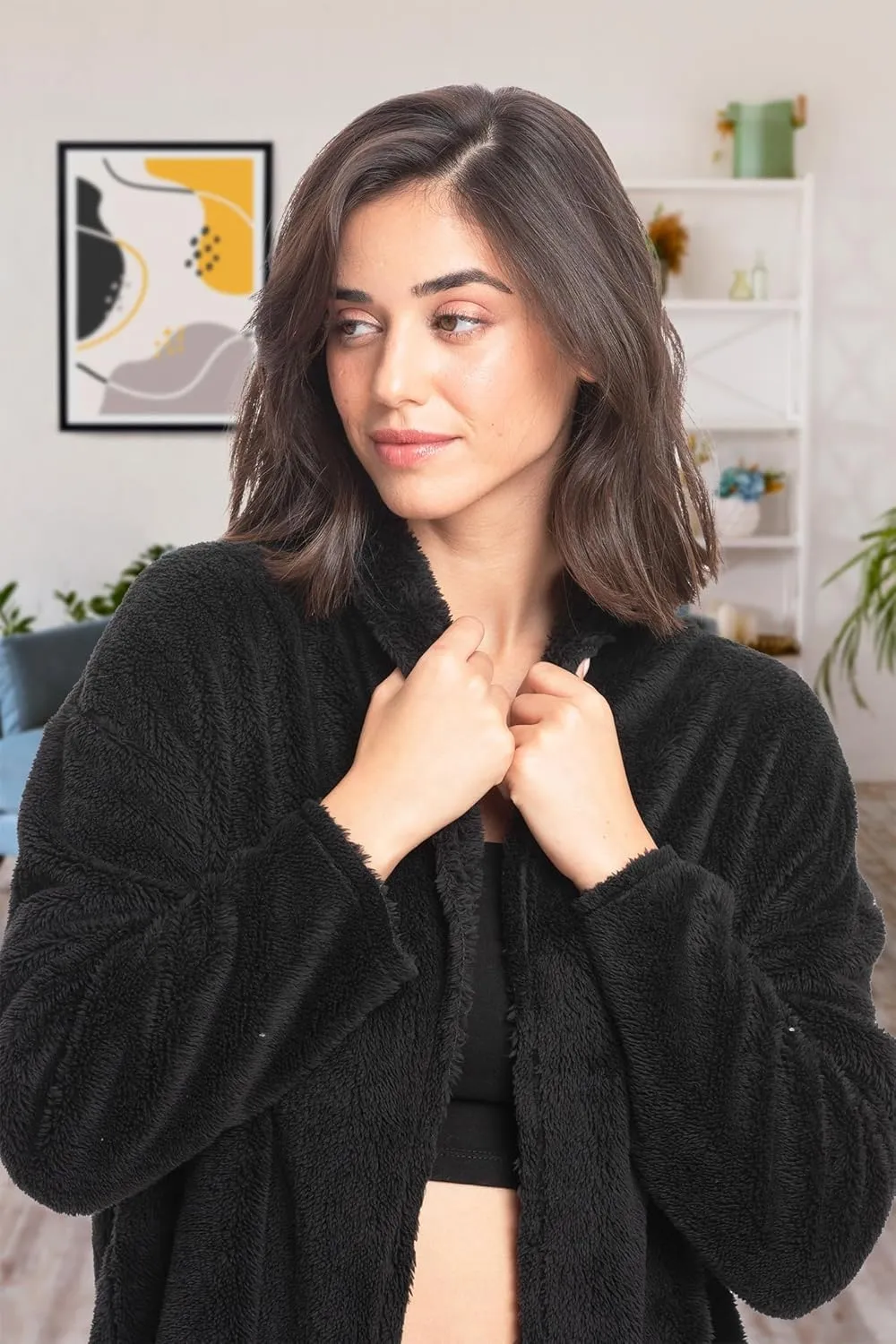 Mad Dog Women's Sherpa Cardigan Sweater, Cozy Loungewear Top, Thin Lightweight Long Open Front Jacket