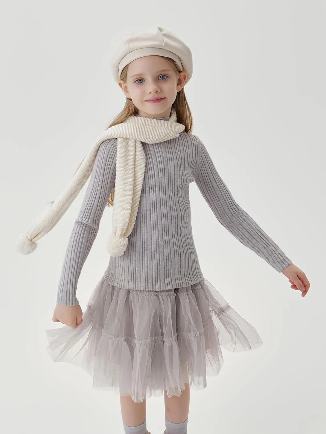 marc & janie Girls Micro Pleated Lace Half High Neck Bottom Shirt Slim Long Sleeve Peplum Soft Shirts Tops 241678
