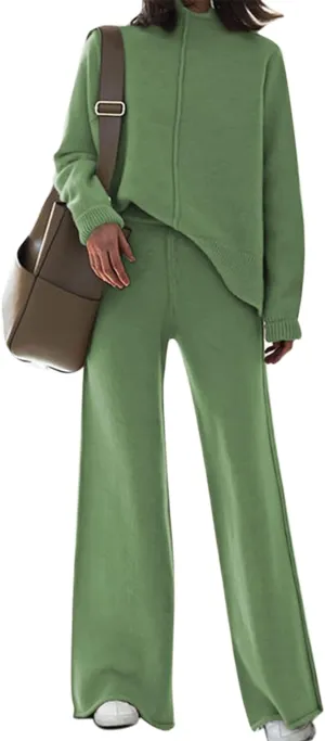 Meenew Women's High Neck 2 Piece Sweatsuit Long Sleeve Knit Sweater Tops Wide Leg Pants Set Outfits