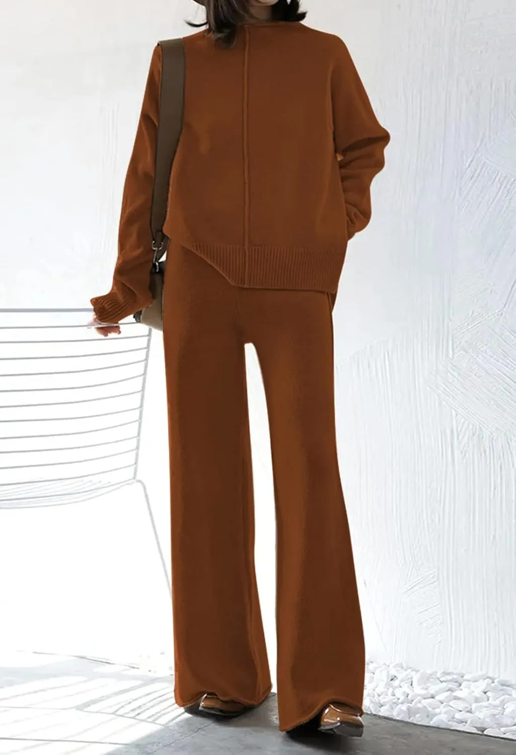 Meenew Women's High Neck 2 Piece Sweatsuit Long Sleeve Knit Sweater Tops Wide Leg Pants Set Outfits