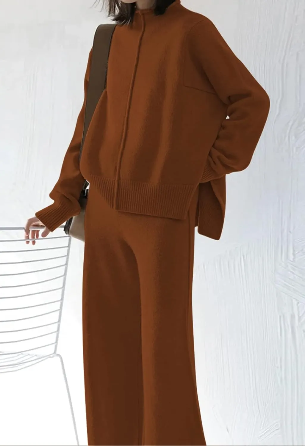 Meenew Women's High Neck 2 Piece Sweatsuit Long Sleeve Knit Sweater Tops Wide Leg Pants Set Outfits