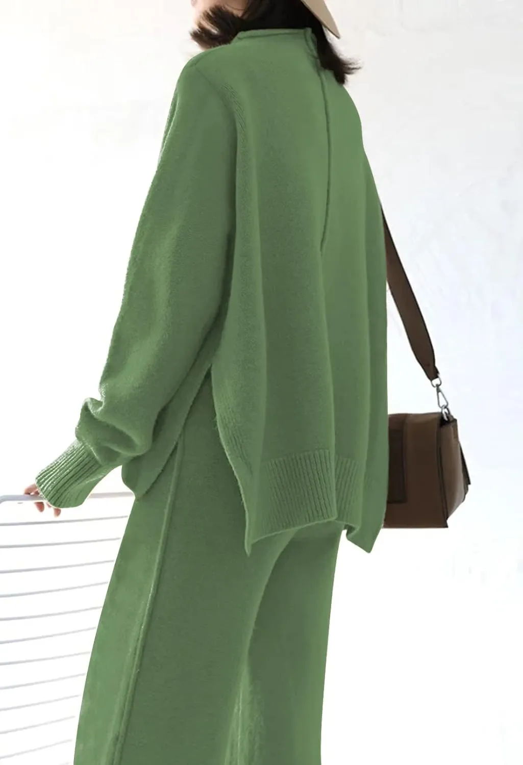 Meenew Women's High Neck 2 Piece Sweatsuit Long Sleeve Knit Sweater Tops Wide Leg Pants Set Outfits