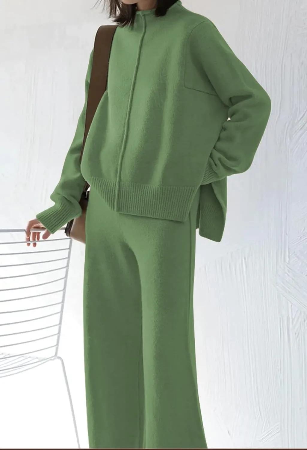 Meenew Women's High Neck 2 Piece Sweatsuit Long Sleeve Knit Sweater Tops Wide Leg Pants Set Outfits