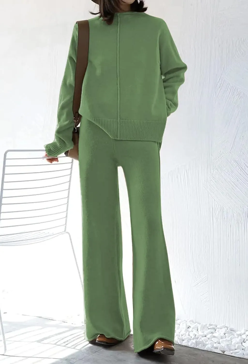 Meenew Women's High Neck 2 Piece Sweatsuit Long Sleeve Knit Sweater Tops Wide Leg Pants Set Outfits