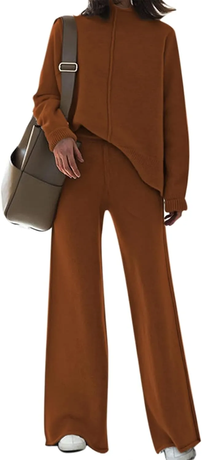 Meenew Women's High Neck 2 Piece Sweatsuit Long Sleeve Knit Sweater Tops Wide Leg Pants Set Outfits