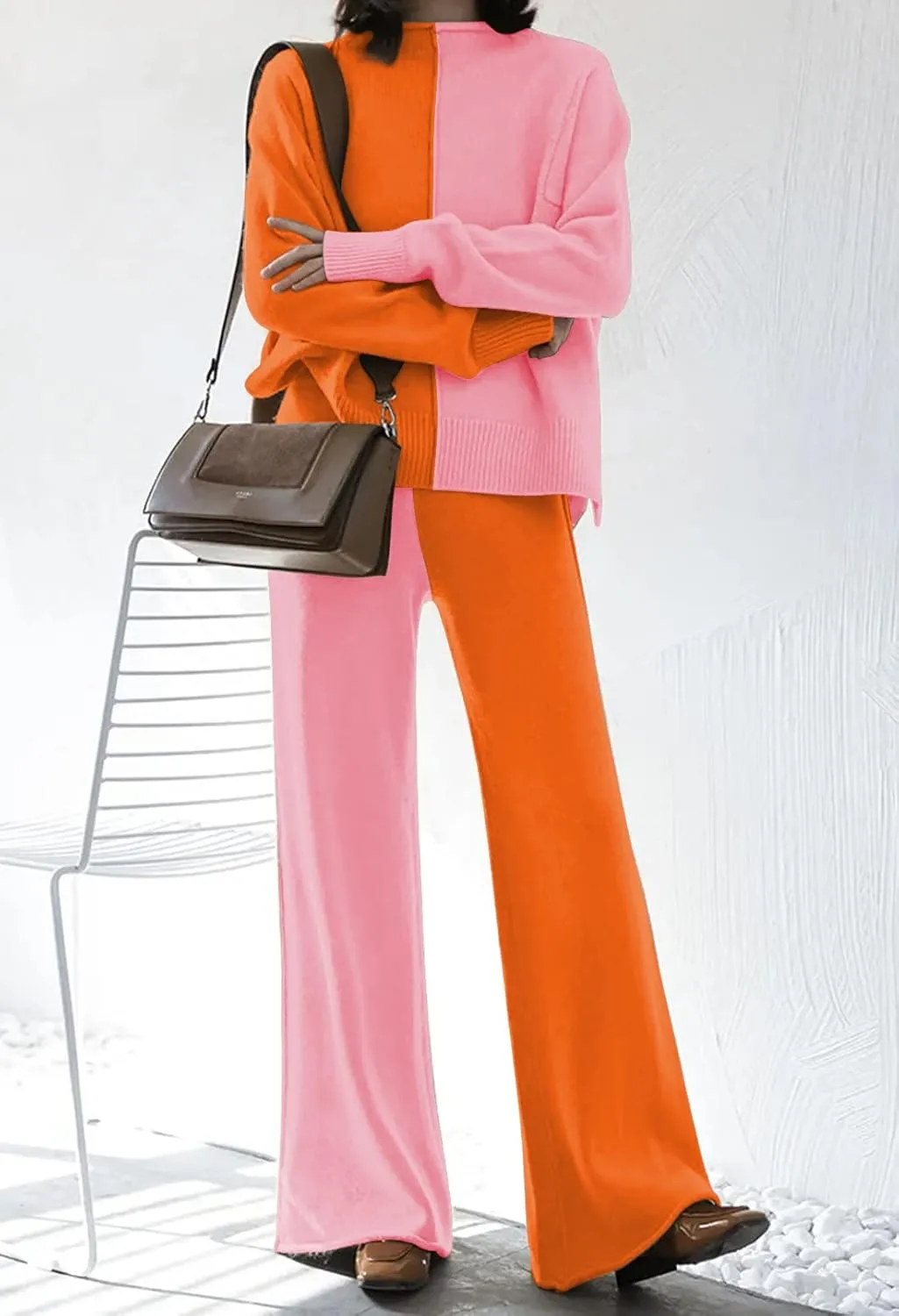 Meenew Women's High Neck 2 Piece Sweatsuit Long Sleeve Knit Sweater Tops Wide Leg Pants Set Outfits