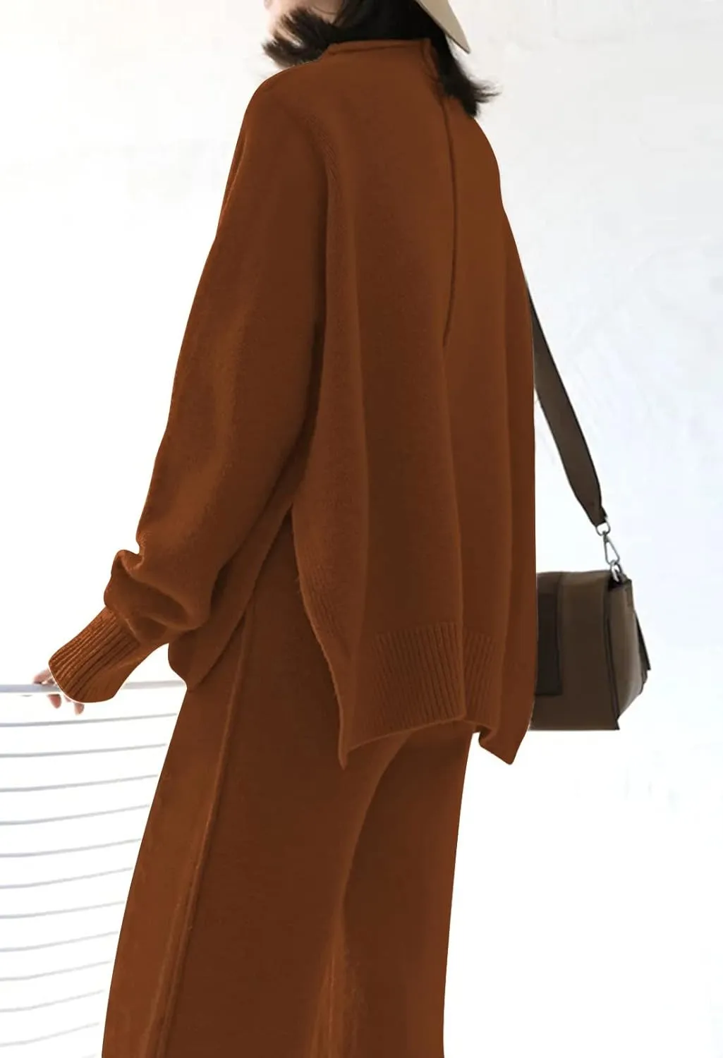 Meenew Women's High Neck 2 Piece Sweatsuit Long Sleeve Knit Sweater Tops Wide Leg Pants Set Outfits