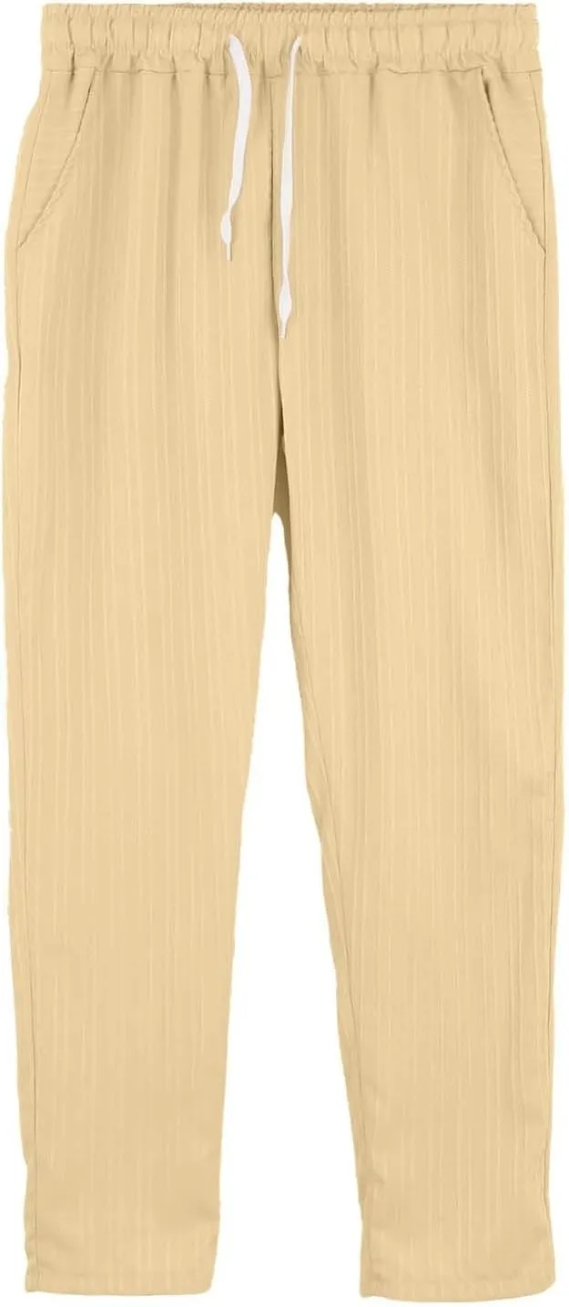 Men Casual Linen Pants Loose Fit Elastic Waist Drawstring Lightweight Pant Summer Beach Yoga Jogger Trouser w/Pockets
