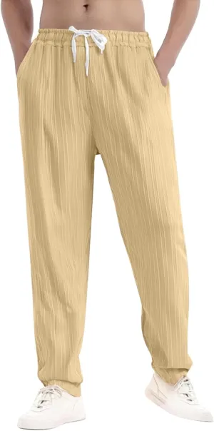 Men Casual Linen Pants Loose Fit Elastic Waist Drawstring Lightweight Pant Summer Beach Yoga Jogger Trouser w/Pockets