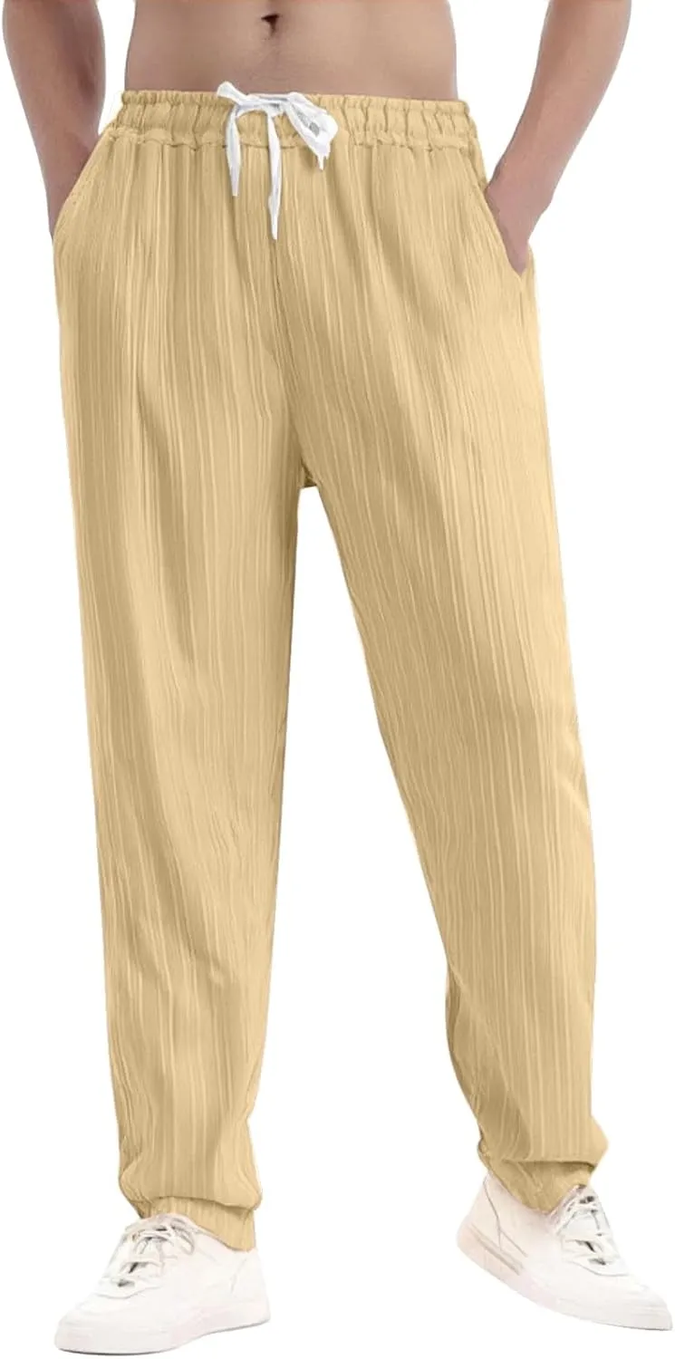 Men Casual Linen Pants Loose Fit Elastic Waist Drawstring Lightweight Pant Summer Beach Yoga Jogger Trouser w/Pockets