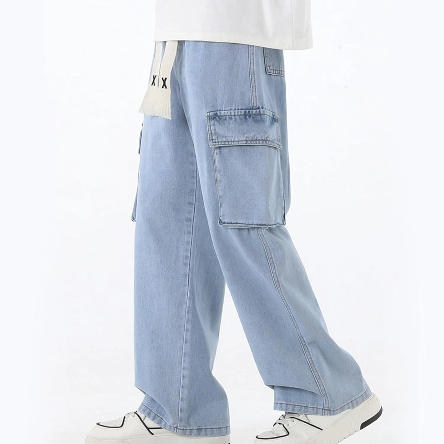 Men Drawstring Loose Fit Casual Combat Cargo Pants Cotton Outdoor Military Multi Pockets Work Pants