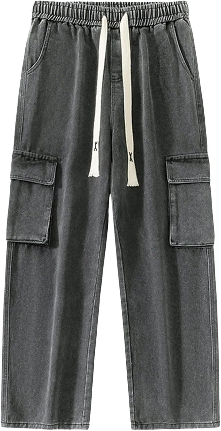 Men Drawstring Loose Fit Casual Combat Cargo Pants Cotton Outdoor Military Multi Pockets Work Pants