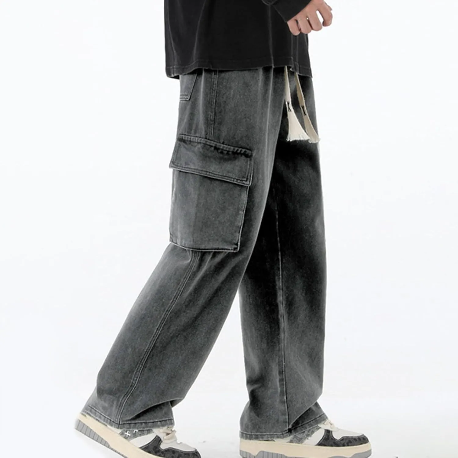 Men Drawstring Loose Fit Casual Combat Cargo Pants Cotton Outdoor Military Multi Pockets Work Pants