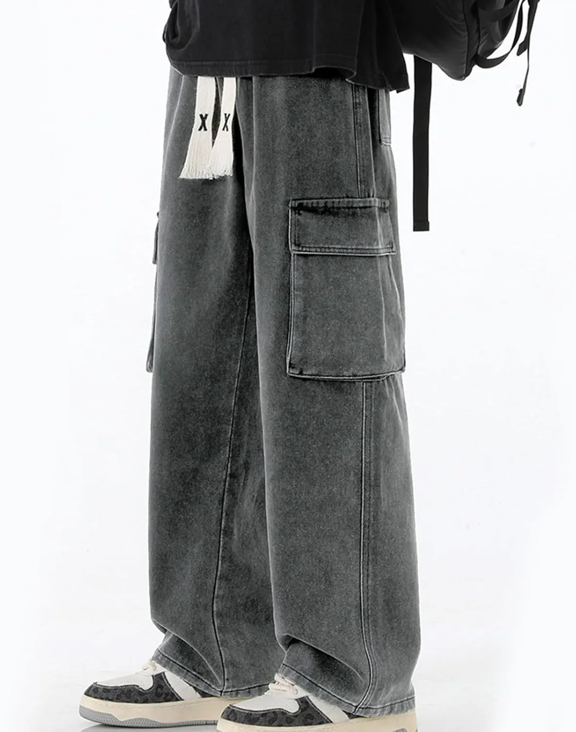 Men Drawstring Loose Fit Casual Combat Cargo Pants Cotton Outdoor Military Multi Pockets Work Pants