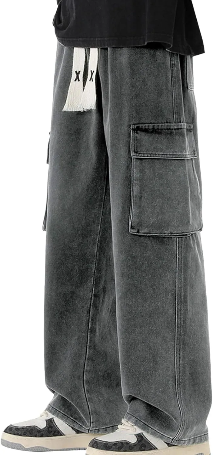 Men Drawstring Loose Fit Casual Combat Cargo Pants Cotton Outdoor Military Multi Pockets Work Pants