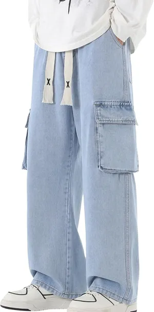 Men Drawstring Loose Fit Casual Combat Cargo Pants Cotton Outdoor Military Multi Pockets Work Pants