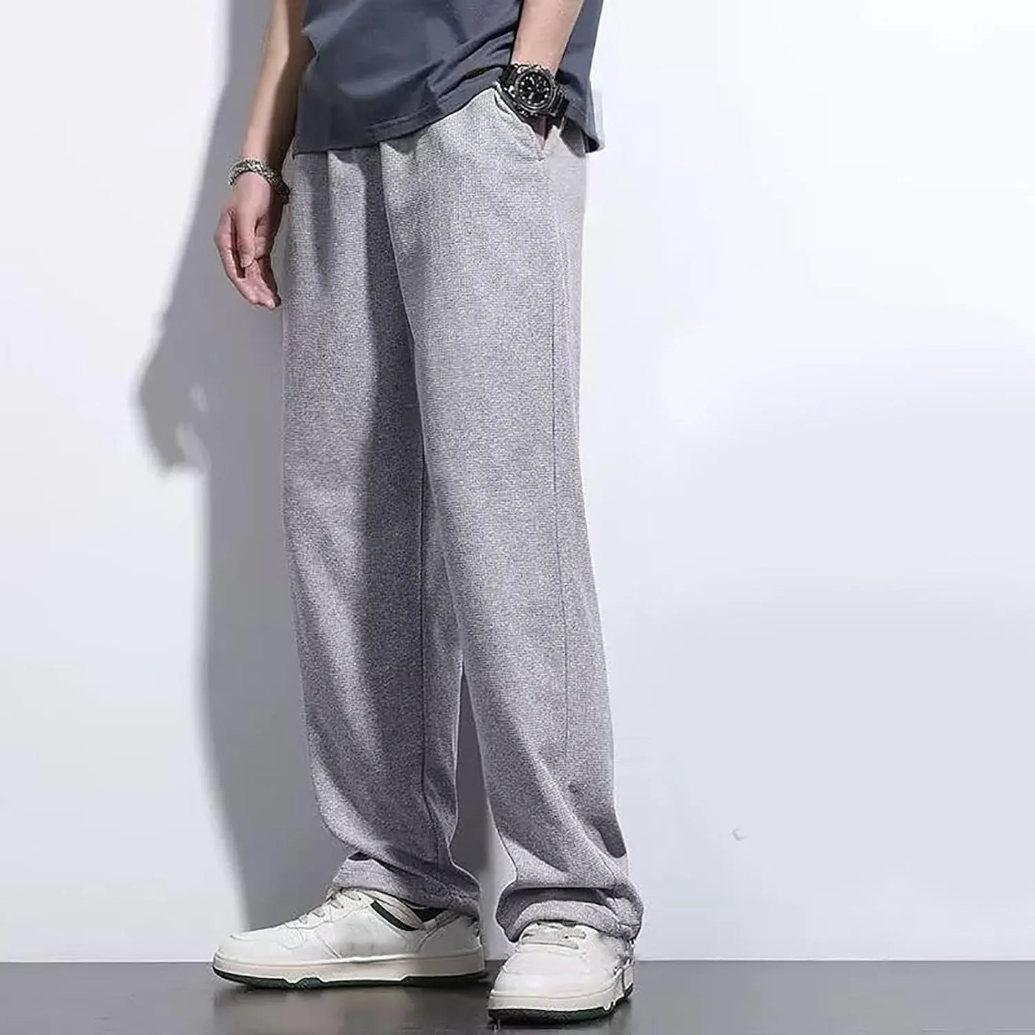 Mens Baggy Corduroy Pants Wide Leg Loose Fit Drawstring Soft Comfy Sweatpants Elastic Waist Open Bottom Casual Pants