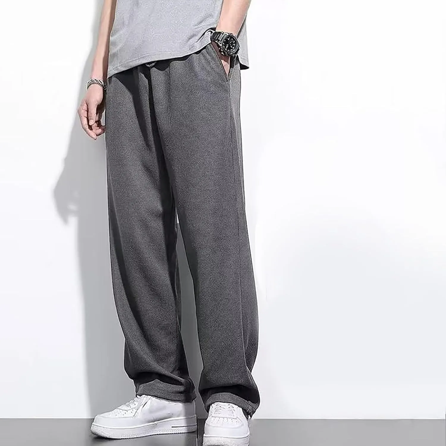 Mens Baggy Corduroy Pants Wide Leg Loose Fit Drawstring Soft Comfy Sweatpants Elastic Waist Open Bottom Casual Pants