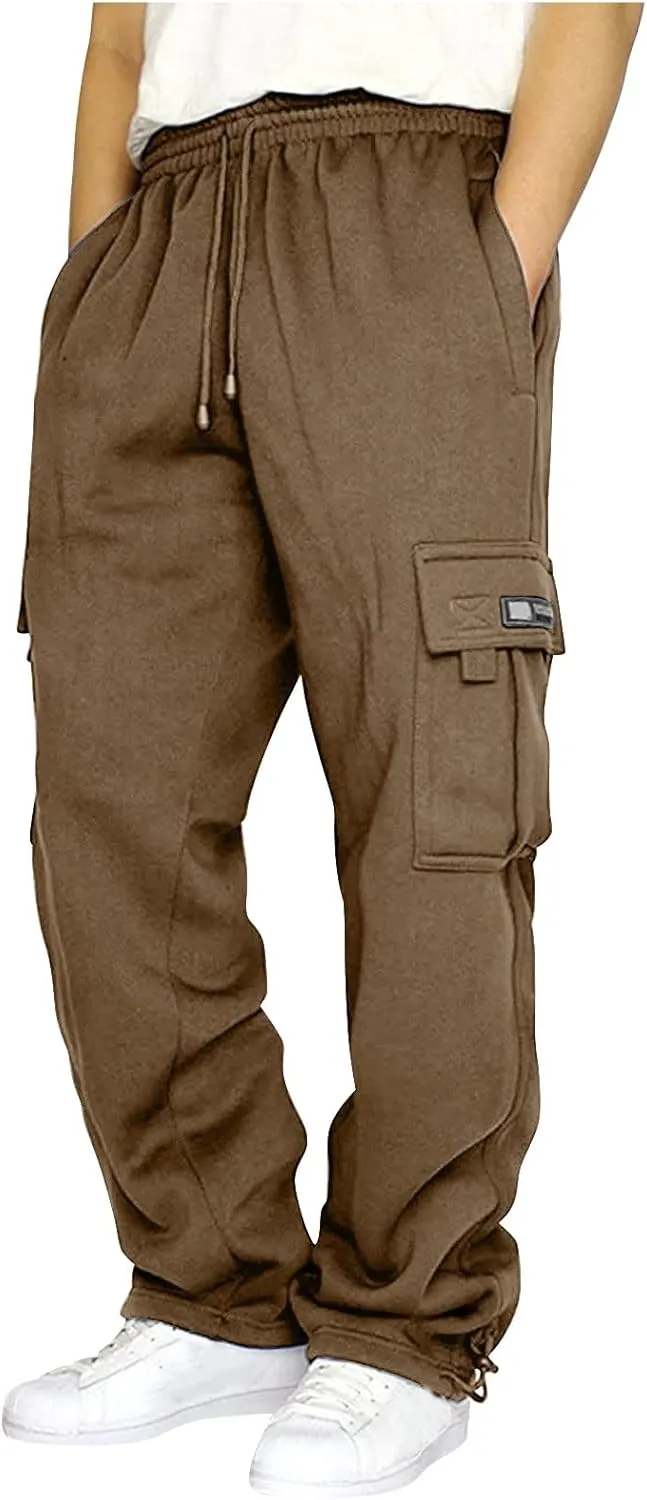 Mens Baggy Sweatpants Drawstring Elastic Waist Cargo Sweat Pants Loose Fit Workout Gym Cargo Pants with Pockets