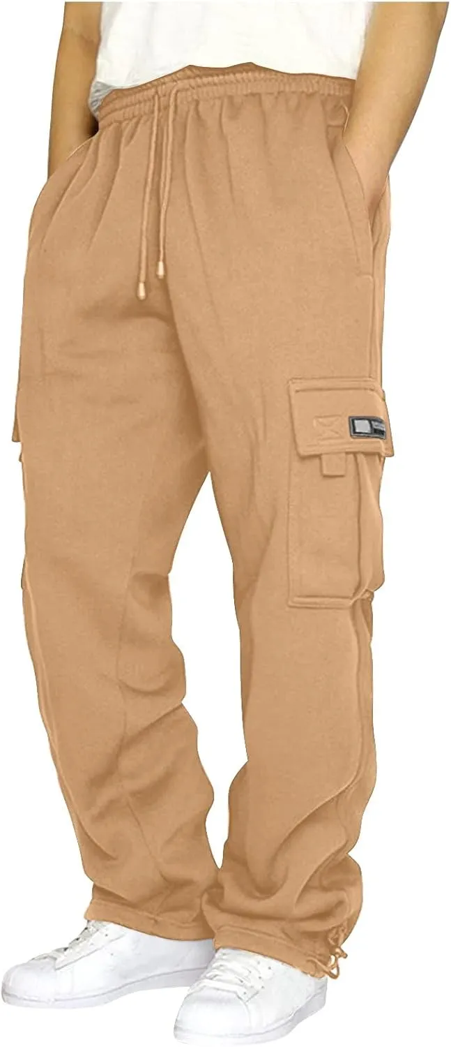 Mens Baggy Sweatpants Drawstring Elastic Waist Cargo Sweat Pants Loose Fit Workout Gym Cargo Pants with Pockets