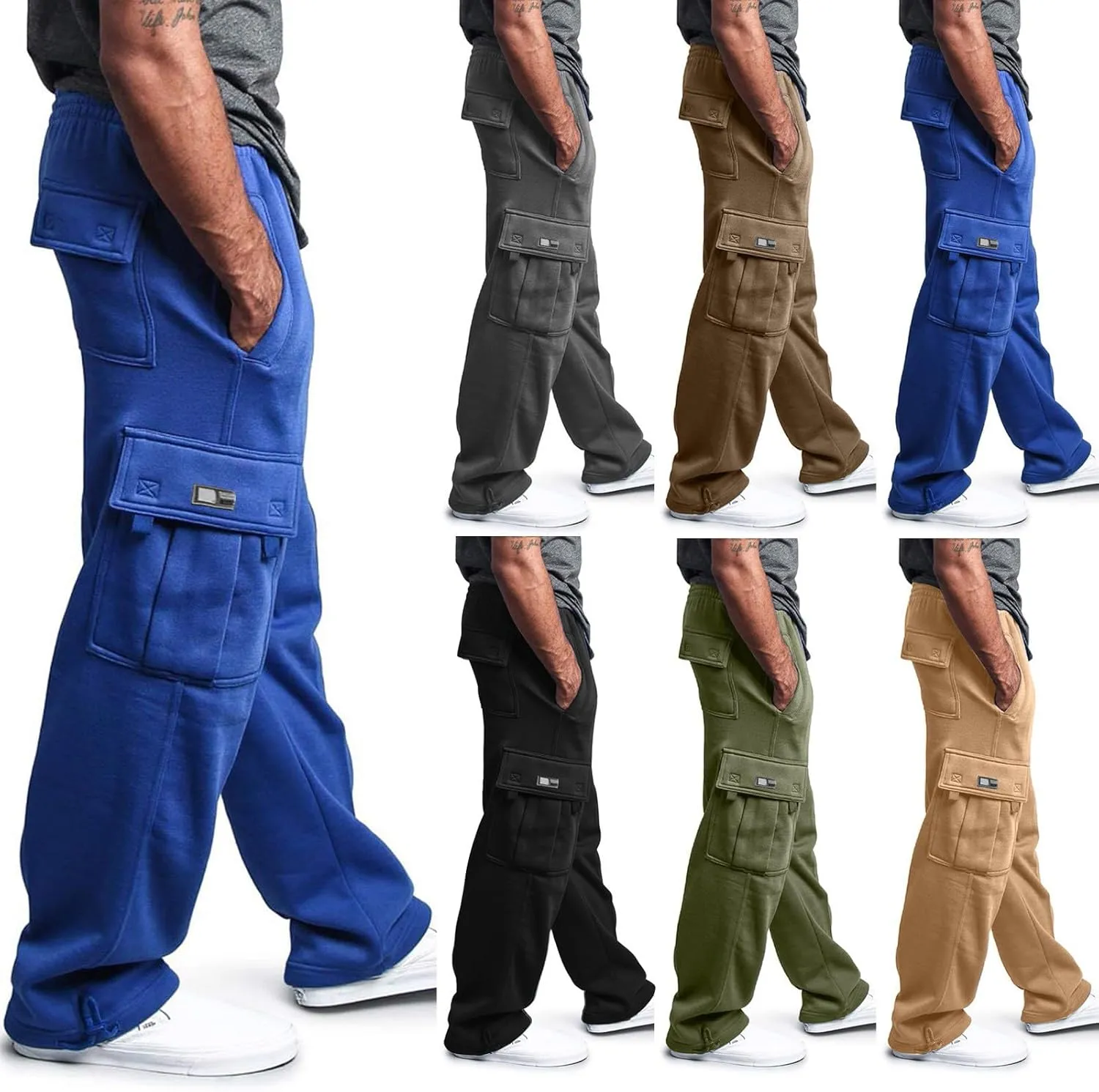 Mens Baggy Sweatpants Drawstring Elastic Waist Cargo Sweat Pants Loose Fit Workout Gym Cargo Pants with Pockets