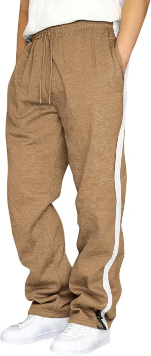 Men's Baggy Sweatpants Open Bottom Striped Athletic Pants Loose Fit Straight Leg Lightweight Trousers with Pockets