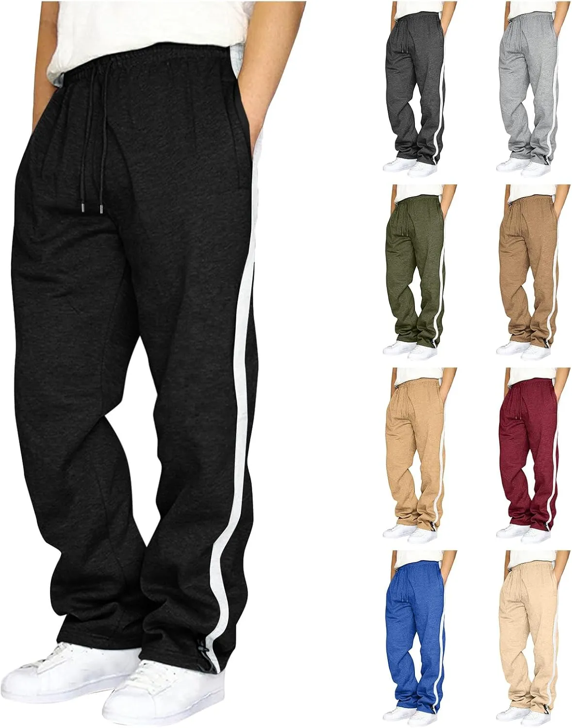 Men's Baggy Sweatpants Open Bottom Striped Athletic Pants Loose Fit Straight Leg Lightweight Trousers with Pockets