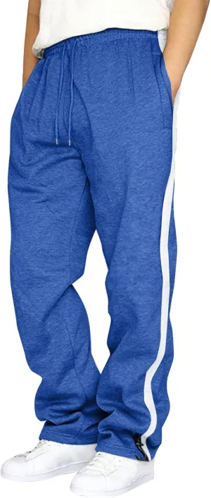 Men's Baggy Sweatpants Open Bottom Striped Athletic Pants Loose Fit Straight Leg Lightweight Trousers with Pockets