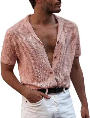 Men's Button Down Shirts Summer Lightweight Mesh Wool Knit Cardigan Sweater Fashion England Style Short Sleeve Tops Pink