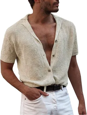 Men's Button Down Shirts Summer Lightweight Mesh Wool Knit Cardigan Sweater Fashion England Style Short Sleeve Tops Yellow