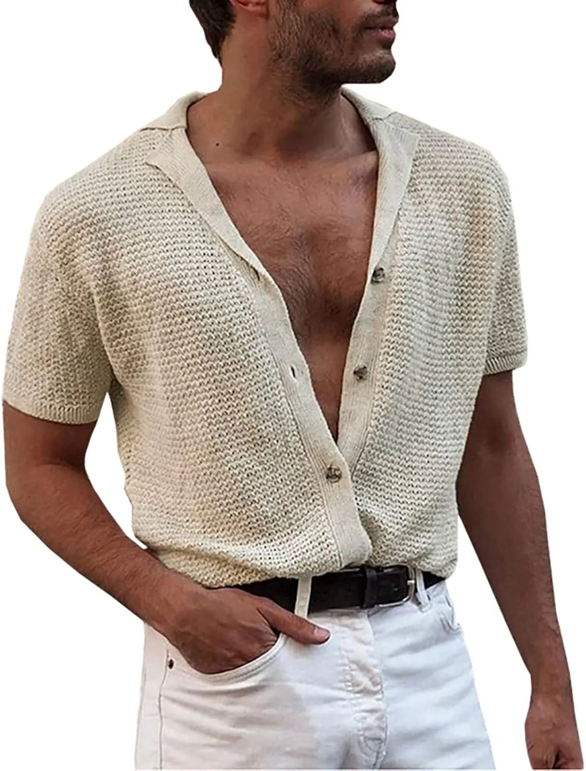 Men's Button Down Shirts Summer Lightweight Mesh Wool Knit Cardigan Sweater Fashion England Style Short Sleeve Tops Yellow