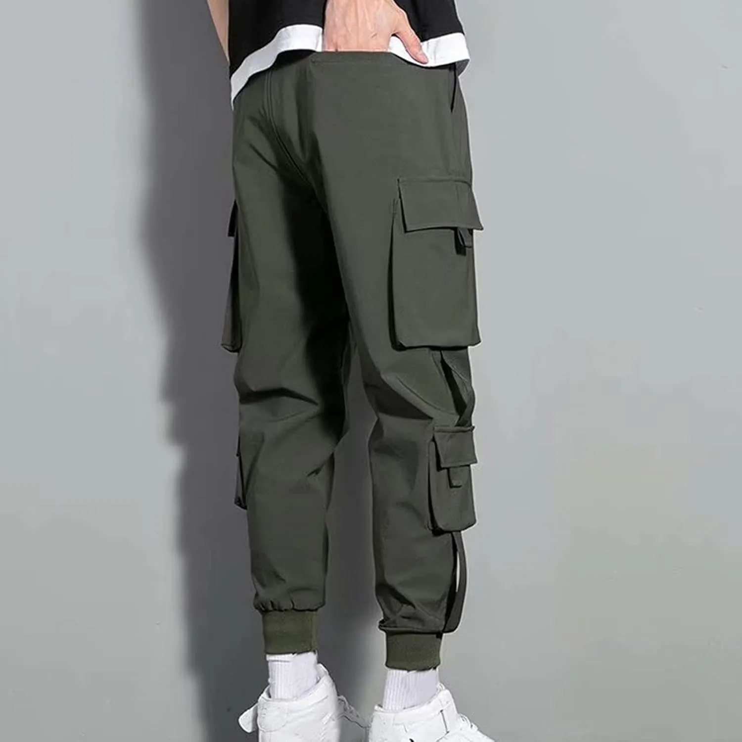 Men's Cargo Pants Multi Pocket Stretch Elastic Waist Joggers Adjustable Drawstring Ankle Cuffs Quick Dry Outdoor