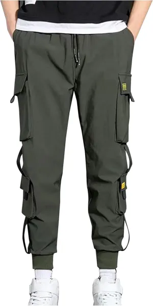 Men's Cargo Pants Multi Pocket Stretch Elastic Waist Joggers Adjustable Drawstring Ankle Cuffs Quick Dry Outdoor