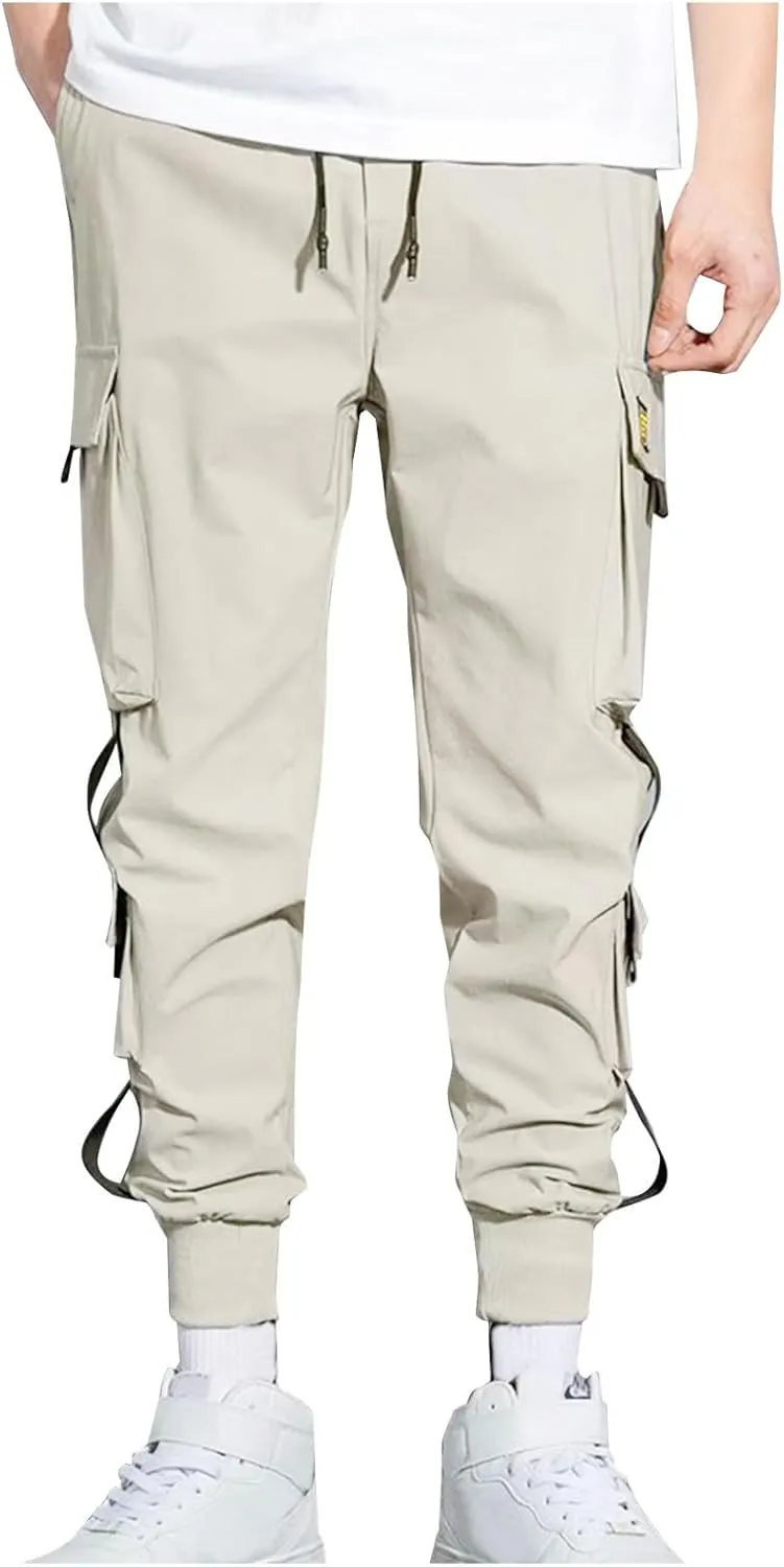Men's Cargo Pants Multi Pocket Stretch Elastic Waist Joggers Adjustable Drawstring Ankle Cuffs Quick Dry Outdoor