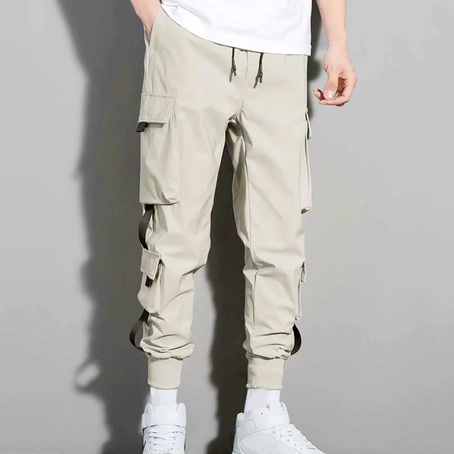 Men's Cargo Pants Multi Pocket Stretch Elastic Waist Joggers Adjustable Drawstring Ankle Cuffs Quick Dry Outdoor