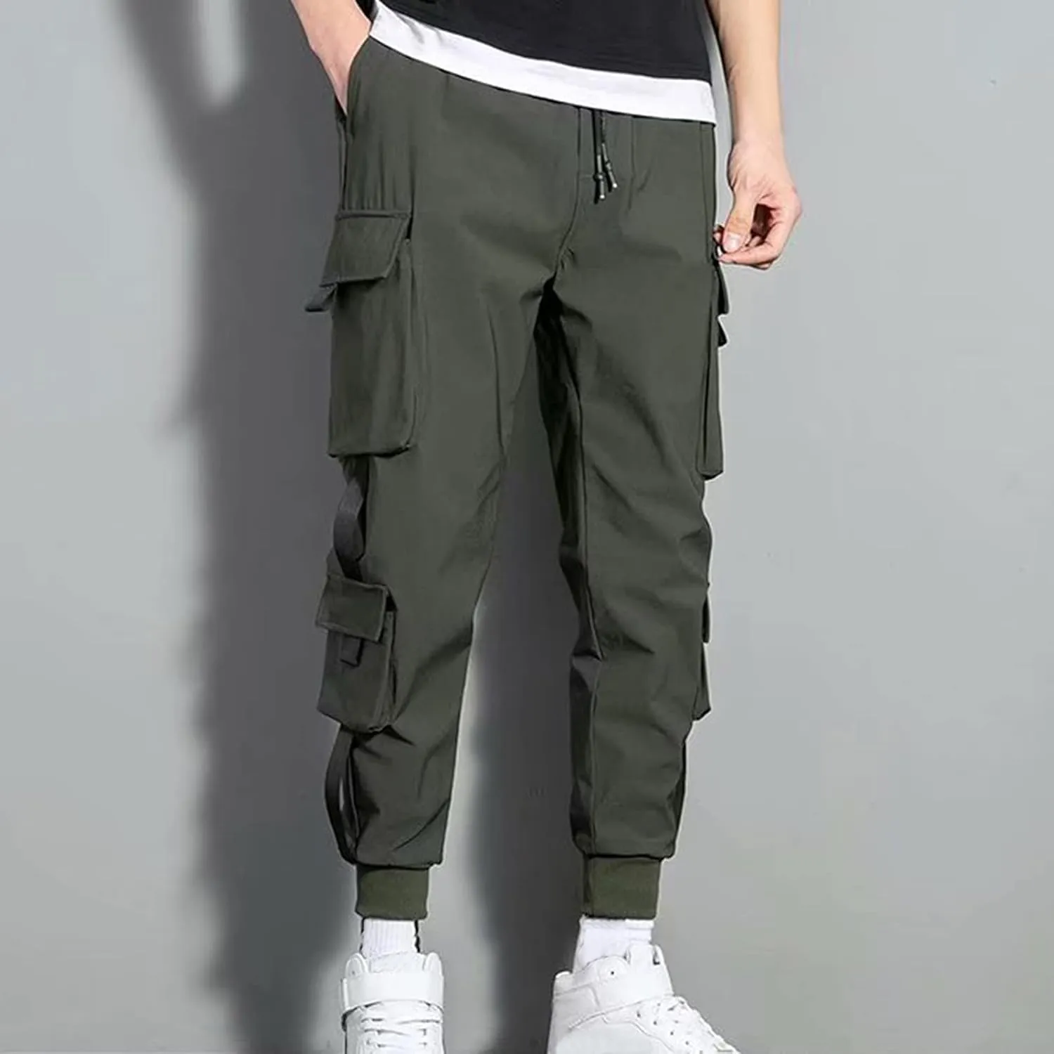 Men's Cargo Pants Multi Pocket Stretch Elastic Waist Joggers Adjustable Drawstring Ankle Cuffs Quick Dry Outdoor