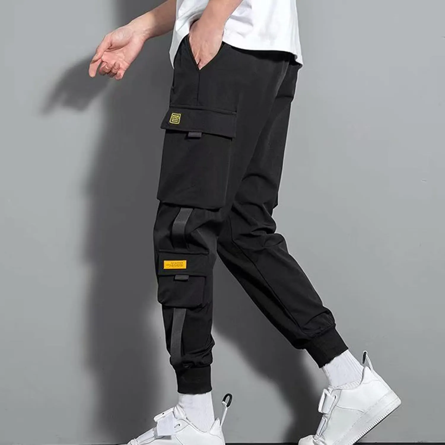 Men's Cargo Pants Multi Pocket Stretch Elastic Waist Joggers Adjustable Drawstring Ankle Cuffs Quick Dry Outdoor