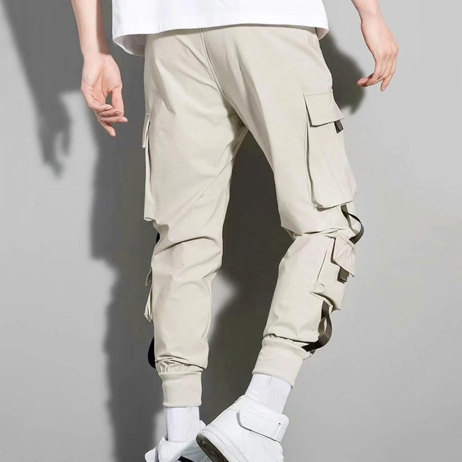 Men's Cargo Pants Multi Pocket Stretch Elastic Waist Joggers Adjustable Drawstring Ankle Cuffs Quick Dry Outdoor