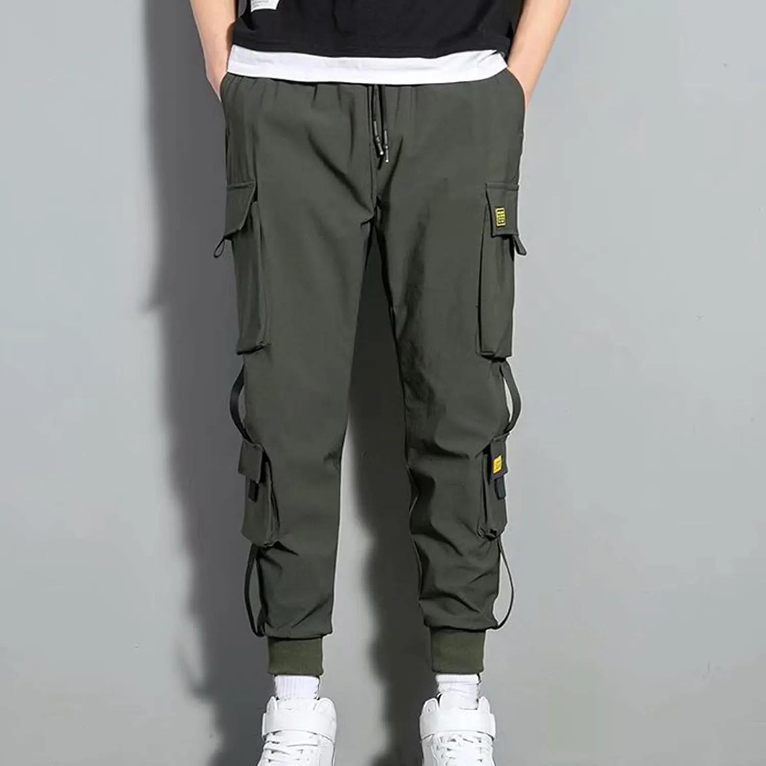 Men's Cargo Pants Multi Pocket Stretch Elastic Waist Joggers Adjustable Drawstring Ankle Cuffs Quick Dry Outdoor