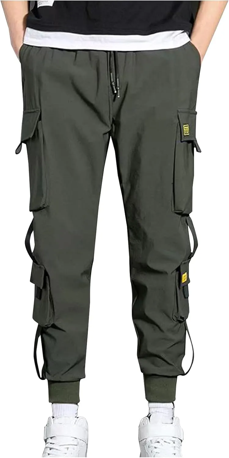 Men's Cargo Pants Multi Pocket Stretch Elastic Waist Joggers Adjustable Drawstring Ankle Cuffs Quick Dry Outdoor