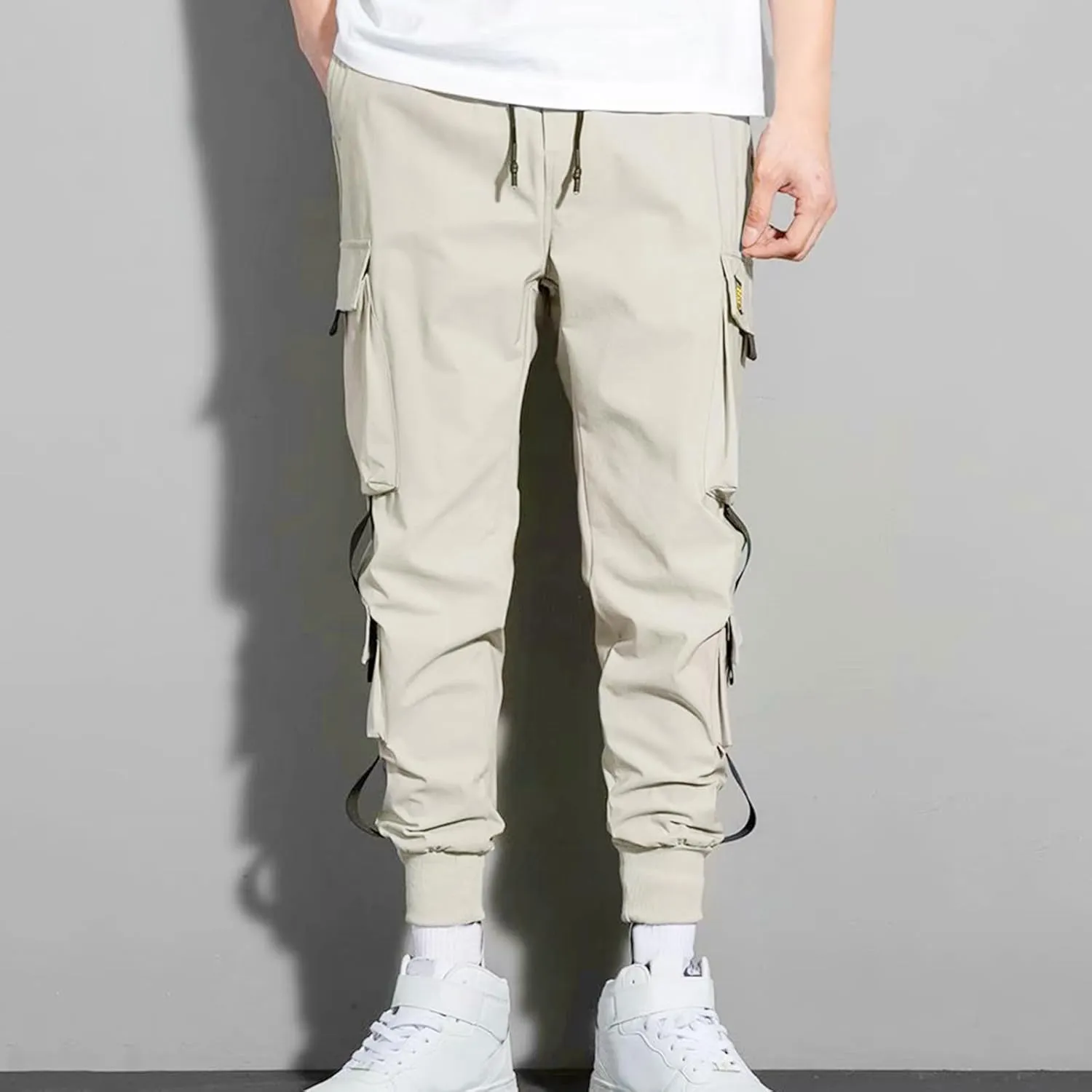 Men's Cargo Pants Multi Pocket Stretch Elastic Waist Joggers Adjustable Drawstring Ankle Cuffs Quick Dry Outdoor