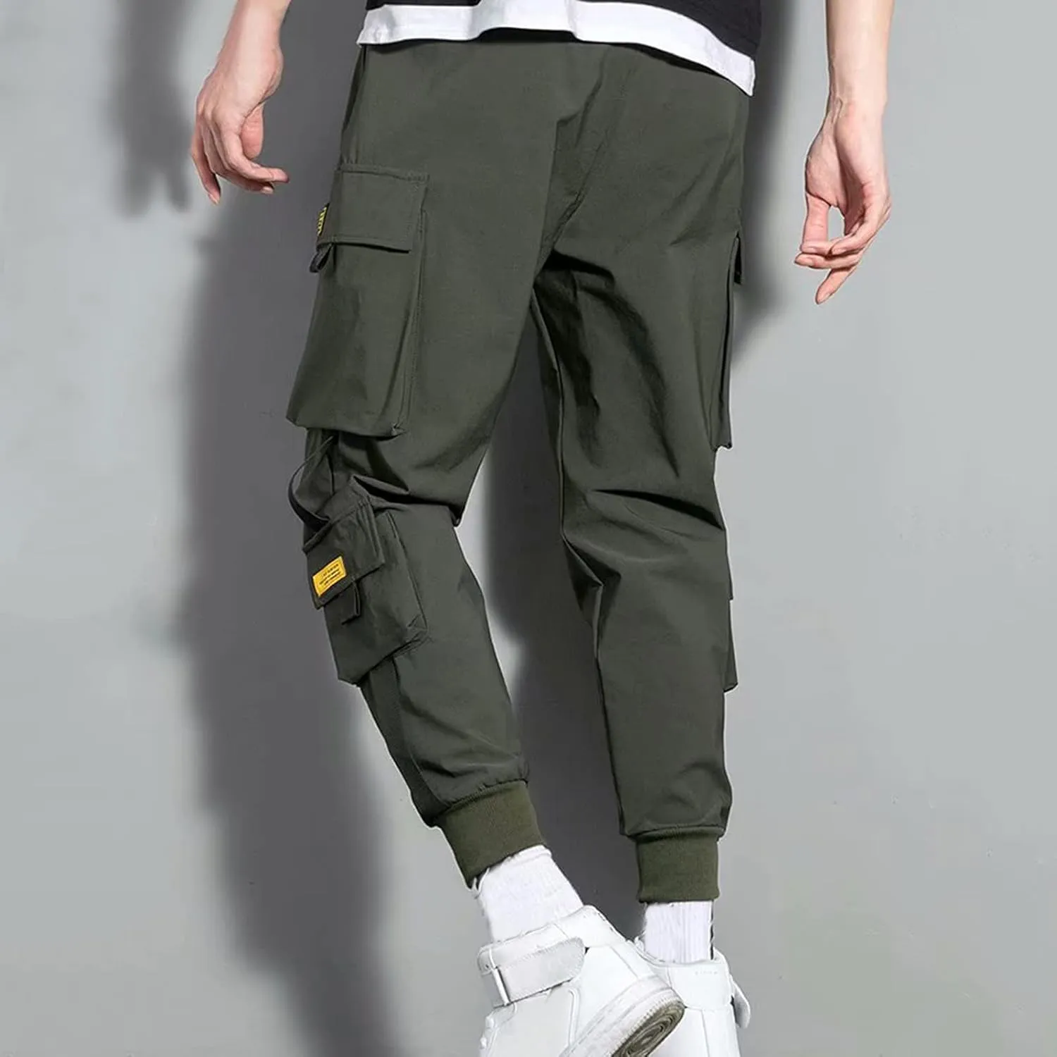 Men's Cargo Pants Multi Pocket Stretch Elastic Waist Joggers Adjustable Drawstring Ankle Cuffs Quick Dry Outdoor