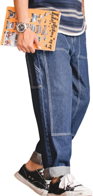 Men's Carpenter Jeans Cotton Relaxed Fit Straight Leg Denim Cargo Pants Trousers